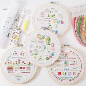 VIVIDOX 4 Sets Embroidery Kit for Beginners Adults, 35 Stitches Practice Kits Cross Stitch for Starter, DIY Hand Craft with Stamped Pattern, Bamboo Hoop, Threads, Needles, Scissors, Tools, Instruction