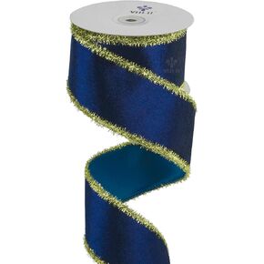 MEEDEE Navy Blue Velvet Gold Tinsel Edge Ribbon 2.5 Inch Christmas Tinsel Ribbon Metallic 10 Yards Spool Navy Blue Tinsel Ribbon for Christmas Tree, Garlands, Wreaths, Bows, Tree Toppers, Crafts