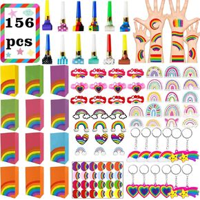 Leesgel 156pcs Art Rainbow Party Favors for Kids, Tie Dye Rainbow Birthday Party Supplies Decorations, Small Goodie Bag Stuffers for Kids with Brooch, Stickers, Whistle, Keychain, Tattoos