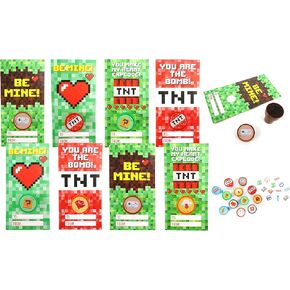Tiny Mills 36 Pack Pixel Cards With Pixel Miner Stampers for Valentine Day Classroom Exchange Party Gower