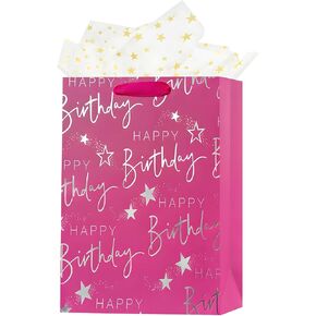Ofihanly 12.6 "حقيبة هدايا عيد ميلاد سعيد متوسطة الحجم مع مقابضها للنساء Mom Girls Kids Kids Pink Party Paper Gift Wart with tissue paper ، 1pcs