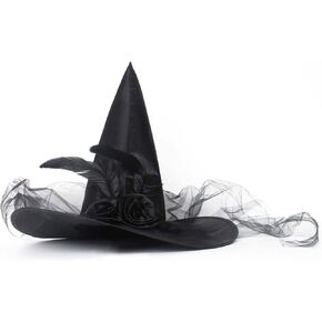 JUSTOTRY Halloween Witch Hat - Halloween Costume Witches Hats for Women attached with Roses & Feathers