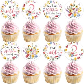 JOYMEMO 24 Pieces Wildflower 2nd Birthday Cupcake Toppers Girl - Flowers Two Wild Second Birthday Cake Decorations, Our Little Wildflower Is Turning Two Birthday Decor for 2 Year Old Garden Birthday