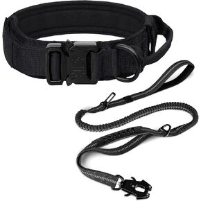 Joytale Tactical Dog Collar (20 "-24") ومجموعة مقود الكلاب ، طوق كلب قوي قابل للتعديل مع مقود الكلب الذي يمتص الصدمات والكلاب الكبير الكبير (الأسود ، L)
