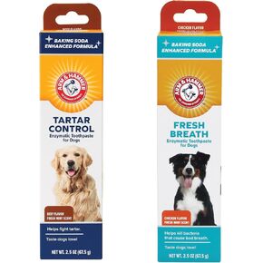 الذراع والمطرقة الكلب حزمة معجون الأسنان الأنزيمية | Tartar Control و Creats Breaths Care للكلاب والجرو | معجون أسنان لحوم البقر والدجاج ، 2.5 أوقية لكل منهما