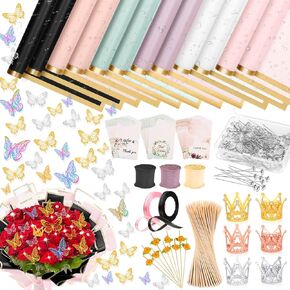 Tetutor 40 Sheets Waterproof Flower Wrapping Paper,Bouquet Wrapping Paper Sheets, Floral Wrapping Paper Bouquet With Ribbons Flower Pins 3d Butterflies and Crowns for Florist Wrap Back Pink