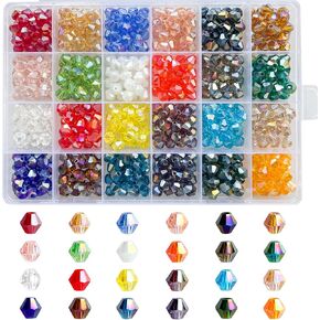 Rubdub 2880pcs 4mm Crystal Beads Bicone Bracelet Beads Bulk Faceted Glass Beads 24 Colors Rainbow Tiny Beads for Necklace Earring Keychain Dolls Jewelry Making (AB Colors)