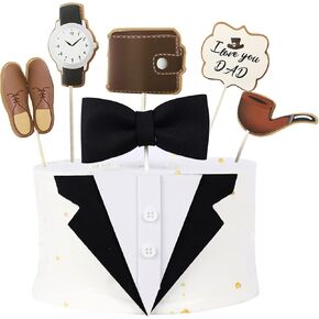 Happy Birthday Cake Toppers for Dad, Father's Day Decorations, Black Bow Tie/Watch/Shoes/Pipe/Wallet/I Love You Cupcake Toppers for Birthday Party Supplies