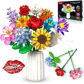 Flower Bouquet Building Toy Set, 12 Kinds of Flowers for Office Home Decor, Mother's Day, Birthdays, Valentine's Day Ideal Gifts for 6+ Girls Women Adults, No Vase