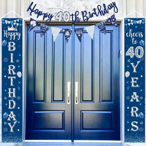 70th Birthday Decorations Kit Blue Silver, 70th Happy Birthday Door Banner Porch Sign Banner Background, Happy 70th Birthday Banner Bunting Triangle Flags for Men 70th Birthday Party Decorations