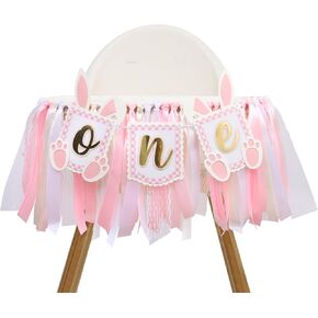 Pink Bunny One High Chair Banner - Some Bunny Is One Banner, Easter Bunny 1st Birthday Highchair Banner, Bunny Princess 1st Birthday Decorations, Pink Ribbon High Chair Garland (Bunny Banner One)