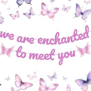We Are Enchanted to Meet You Banner Pink Purple Glittery Butterfly Party Banner Garland for Enchanted to Meet You Themed Baby Shower Gender Reveal Party Decorations Decor Supplies