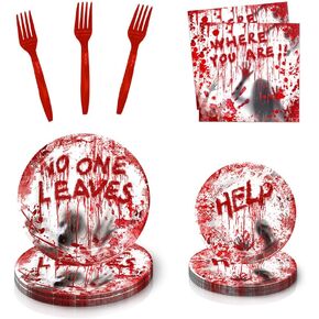 Halloween Horror Bloody Party Decorations for 24 Guests, 96 Pcs Scary Plates, Napkins, Forks Sets for Halloween Birthday Parties