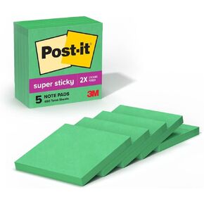 Post-it Super Sticky Notes, 5 Sticky Note Pads, 3 x 3 in., School Supplies, Office Products, Sticky Notes for Vertical Surfaces, Monitors, Walls and Windows,Lucky Green