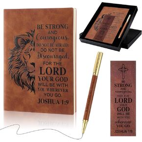 Fuyoooo 4 Pcs Christian Gifts for Men Father's Day Pastor Appreciation Gifts Vintage Leather Hardcover Notebook 1 Timothy 6:11 Religious Bible Verse Pen Joshua 1:9 Bookmark & Box(Lion,Blue) in Kuwait