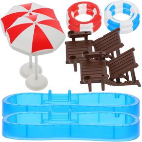 Garneck 2 Sets Miniature Swimming Pool Accessories - Dollhouse Swim Ring Beach Chair and Umbrella Models for DIY Fairy Garden and Toy House Decoration