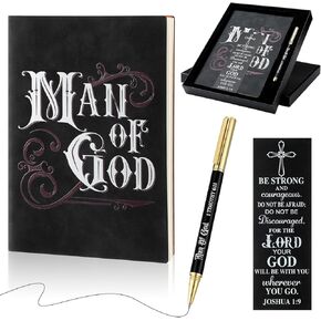 4 Pcs Christian Gifts for Men Man of God Journal Vintage Leather Hardcover Notebook 1 Timothy 6:11 Bible Verse Pen Joshua 1:9 Inspirational Bookmark and Box Pastor Gift for Men(Lion)