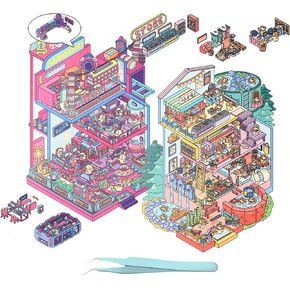 Large DIY 3D House Scene Stickers, 2 Set Foldable Cartoon Cute Hot Springs and Cyber City Relaxing Stickers, Fun Miniature Room Stickers for Adults, Kids, Relief Stress, Pass The Time