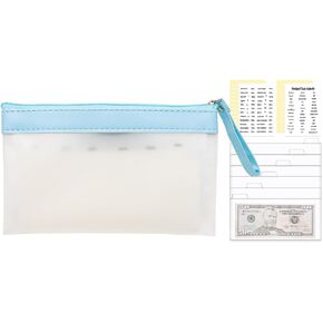 NatsumeBasics Cash Envelope Wallet System For Money Cash Descipt Coupon Organizer ، Frosted Blue Zipper Bill Buvit Wallet with 12pcs Money Pocket Pister و 4 ملصقات ملصقات (أزرق)