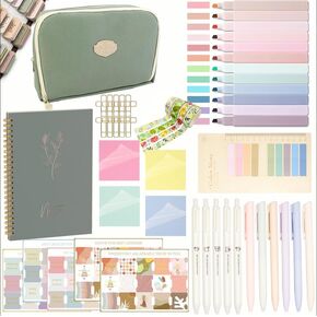 oriental beauty pearl Bible Study Supplies Journaling Kit with Tabs and Highlighter, Notebook and Pen Case, Bible Annotation kit (Green)