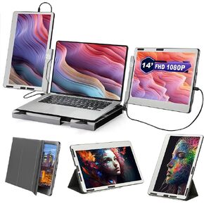 Triple 14 '' 1080p جهاز مراقب محمول للكمبيوتر المحمول ، محطة عمل مكتب التناوب 360 مع مجموعة من الحامل المحمول و Kickstand Case لـ Macbook Windows Surface Switch