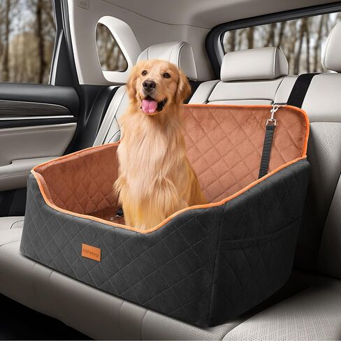 Dog Car Seat for Medium Dog, Booster Car Seat for Dog Under 55lb, Elevated Pet Car Seat with Pocket, Anti-Slip Dog Bed for Car, Perfect for Back Seat & Trunk with 2 Safety Leashes(Black/Grey) in Kuwait