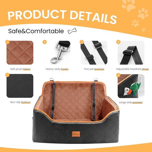 Dog Car Seat for Medium Dog, Booster Car Seat for Dog Under 55lb, Elevated Pet Car Seat with Pocket, Anti-Slip Dog Bed for Car, Perfect for Back Seat & Trunk with 2 Safety Leashes(Black/Grey) in Kuwait