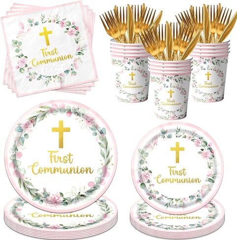 First Communion Decorations for Girls, First Communion Plates and Napkins Pink Primera Comunion Decoracion First Communion Party Supplies for First Holy Communion Baptism Party Decorations Serves 25 in Kuwait