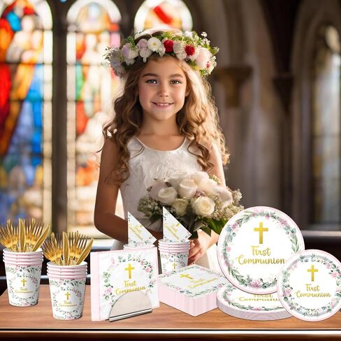 First Communion Decorations for Girls, First Communion Plates and Napkins Pink Primera Comunion Decoracion First Communion Party Supplies for First Holy Communion Baptism Party Decorations Serves 25 in Kuwait
