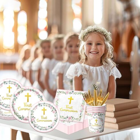 First Communion Decorations for Girls, First Communion Plates and Napkins Pink Primera Comunion Decoracion First Communion Party Supplies for First Holy Communion Baptism Party Decorations Serves 25 in Kuwait