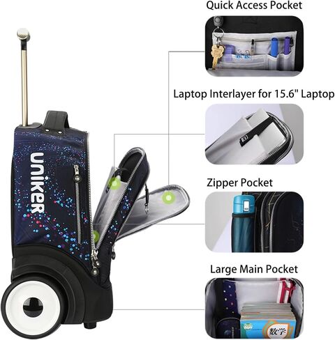 UNIKER Rolling Bag with Wheels, 40L Water Resistant Wheeled Laptop Backpack, Silent Wheel Travel Backpack for Women Men,T5- Spacewalk in Kuwait