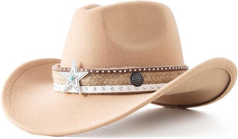 قبعة رعاة البقر من Jastore Kids for Boys Girls Western Cowgirl Hat with Star Buckle Belt Usisex Wide Brim Fedora Hat Thort Up Assume in Kuwait