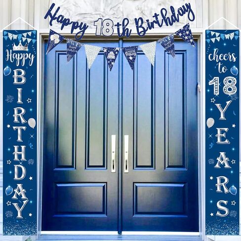 70th Birthday Decorations Kit Blue Silver, 70th Happy Birthday Door Banner Porch Sign Banner Background, Happy 70th Birthday Banner Bunting Triangle Flags for Men 70th Birthday Party Decorations in Kuwait