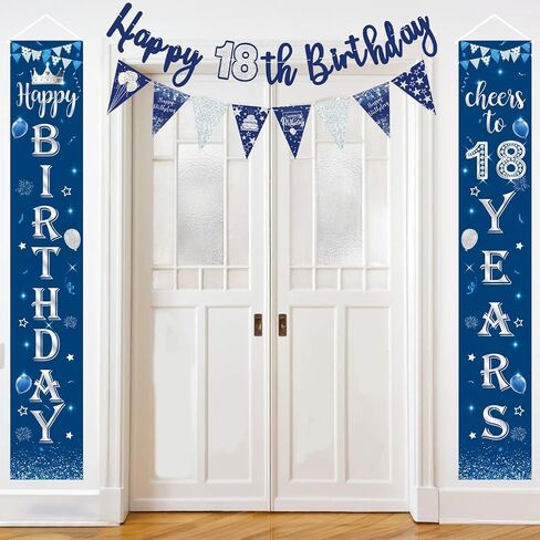 70th Birthday Decorations Kit Blue Silver, 70th Happy Birthday Door Banner Porch Sign Banner Background, Happy 70th Birthday Banner Bunting Triangle Flags for Men 70th Birthday Party Decorations in Kuwait