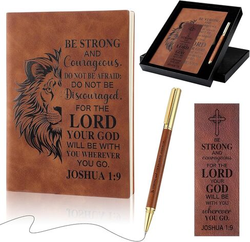 Fuyoooo 4 Pcs Christian Gifts for Men Father's Day Pastor Appreciation Gifts Vintage Leather Hardcover Notebook 1 Timothy 6:11 Religious Bible Verse Pen Joshua 1:9 Bookmark & Box(Lion,Blue) in Kuwait