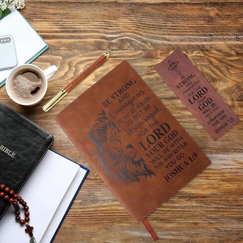 Fuyoooo 4 Pcs Christian Gifts for Men Father's Day Pastor Appreciation Gifts Vintage Leather Hardcover Notebook 1 Timothy 6:11 Religious Bible Verse Pen Joshua 1:9 Bookmark & Box(Lion,Blue) in Kuwait