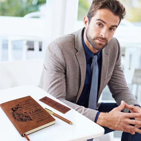 Fuyoooo 4 Pcs Christian Gifts for Men Father's Day Pastor Appreciation Gifts Vintage Leather Hardcover Notebook 1 Timothy 6:11 Religious Bible Verse Pen Joshua 1:9 Bookmark & Box(Lion,Blue) in Kuwait