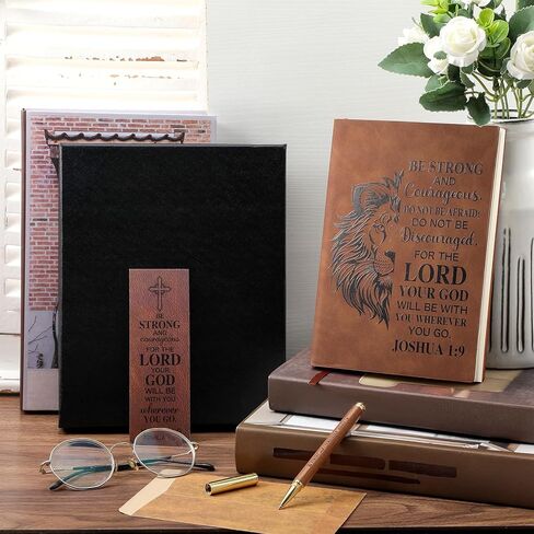 Fuyoooo 4 Pcs Christian Gifts for Men Father's Day Pastor Appreciation Gifts Vintage Leather Hardcover Notebook 1 Timothy 6:11 Religious Bible Verse Pen Joshua 1:9 Bookmark & Box(Lion,Blue) in Kuwait