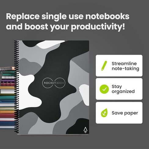 دفتر Rocketbook Core الذكي القابل لإعادة الاستخدام | كمبيوتر محمول مبتكر وصديق للبيئة ومتصل رقميًا مزود بإمكانيات المشاركة السحابية | منقط، 6 بوصة × 8.8 بوصة، 36 صفحة، أسود إنفينيتي، مع قلم وقماش وتطبيق متضمن in Kuwait