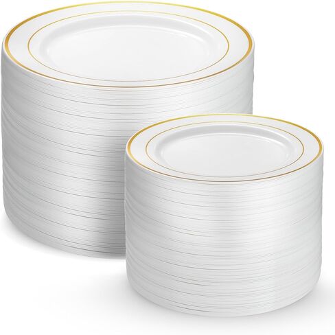 200 Silver Plastic Plates Set,100 Pcs 10 Inch Plastic Dinner Plates and 100 Pcs 7 Inch Plastic Dessert Plates, Elegant Fancy Heavy Duty Disposable Plates for Party, Wedding, White with Silver Rim in Kuwait