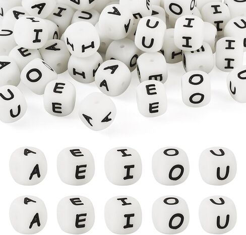 50Pcs White Round Vowel Silicone Beads Disc Coin Black Letter Beads Alphabet Loose Spacer Beads 11.5x4.5mm for DIY Bracelet Necklace Keychain Jewelry Making Set in Kuwait