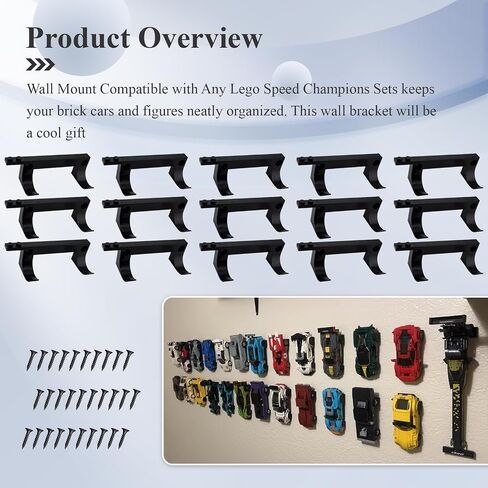 15 Pcs Wall Mount Fit for Any Lego Speed Champions Sets, Wall Bracket for Lego Speed of Champions Brick Cars with a Base for The Pilot/Figure, Display Collectible Cars by Wheels on Wall, Black in Saudi Arabia