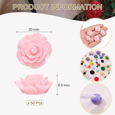 uxcell 50 Pcs Pink Resin Rose Flower Beads, 20mm Flatback Flower Charm Opaque Carve Rose Beads No Hole for DIY Jewelry Making Nails Sunglasses Shoe Hair Clip Home Decor in Saudi Arabia