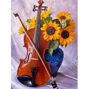 YEEIFFD Violin Sunflower Diamond Painting Kits for Adults, Musical Instruments Diamond Painting Art Kit for Adult, Full Drill Painting by Diamonds Art and Crafts for Home Wall Decor Gift 12x16 Inch