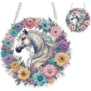 GHHKUD Horse Diamond Painting Pendant Ornament for Adults Double Sided, Wreath Diamond Art Hanging Pendant, DIY Special Crystal Diamond Gem Painting Board Kit for Window Home Decor