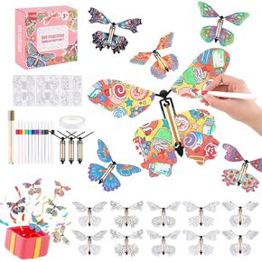 Happy Makers 22 Pack Diy Flying Butterfly Craft Kit و 10 فراشات ورقية و 12 أقلامًا ملونة ، اصنع فرقة مطاطية فراشة سحرية خاصة بك مثالية لألعاب الحفلات ، والبطاقات المفاجئة