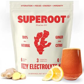 SUPEROOT® 100% Natural Detox & Immunity Electrolytes (Fizzy) | Ginger & Citrus Flavor | Vitamin C, Deep Ocean Minerals, & Antioxidants | Energy, Hydration | 0 Added Sugar | Caffeine Free | 30 Servings