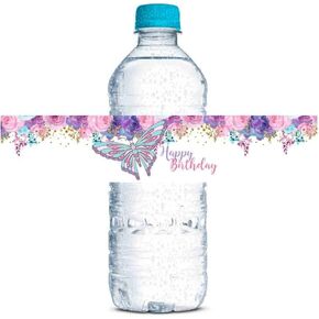 Floral Watercolor Butterfly Birthday Themed Waterproof Water Bottle Sticker Wrappers 20 Wrap Around Labels Sized 1.75" x 8.5" by AmandaCreation