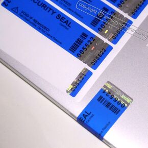 LARGEST-60 Non- Residue! Self-Destructible, Tamper Evident, Void Security Hologram Labels 110mm x 30mm, Two Parts Unique Double Serial Numbers and one Barcode. Blue