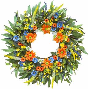 Spring Wreaths for Front Door, Soomeir Artificial 22 inch Summer Wreath with Yellow/White Sun Flowers and Burlap Bow, Green Decor for Easter Home Wall Wedding Farmhouse Holiday